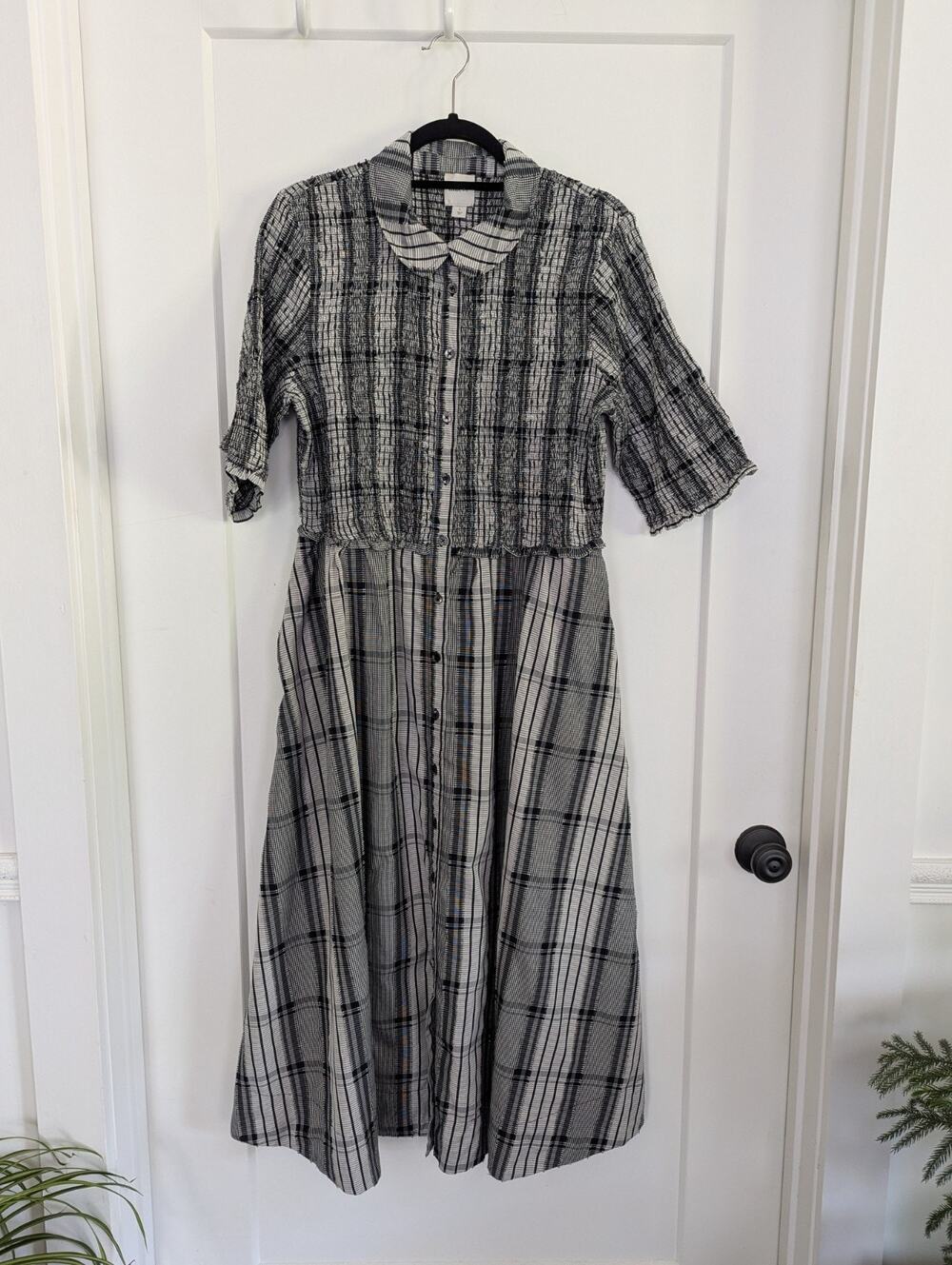 Anthropologie Maeve Smocked Plaid Midi Button Front Shirt Dress Black White L